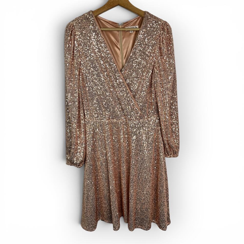Nanette Lepore Rose Gold Sequin Wrap Style Dress Size 10 Glamorous Formal Party